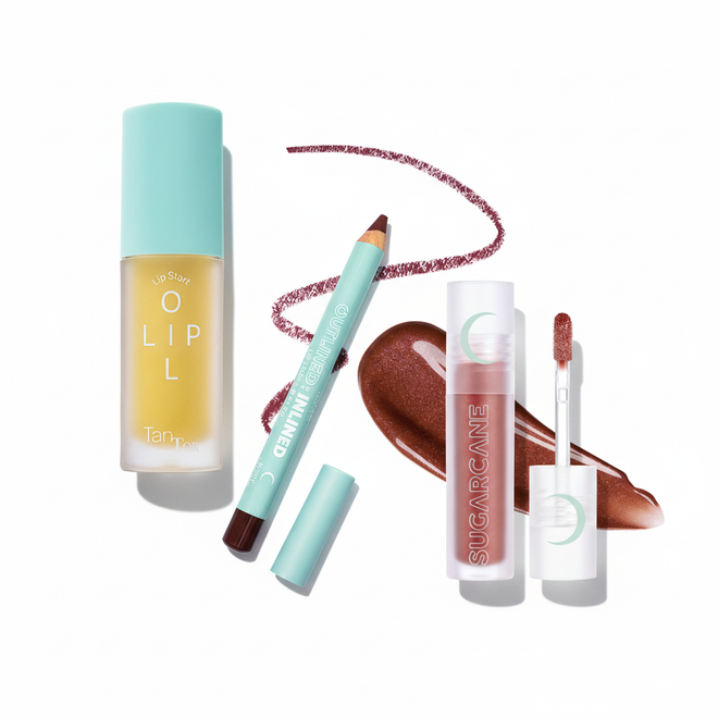 Agave lip oil, Berry Compote liner with swatch, and Brown Sugar Baby gloss diagonal arrangement