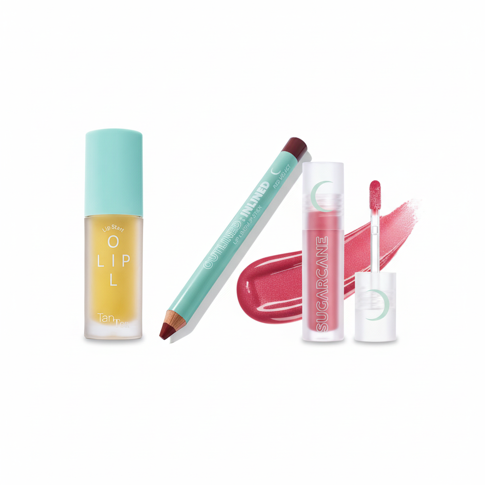 Agave lip oil, Red Velvet liner, and Raspberry Bliss gloss diagonal arrangement